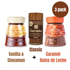 Juan Valdez mix (pck of 3) Soluble Coffee Instant Freezed Dried Classic, Caramel, Vanilla Cinnamon (95gr each /3.3 Oz each) Juan Valdez Soluble Liofilizado de Clasico, Vainilla Canela, Dulce de leche