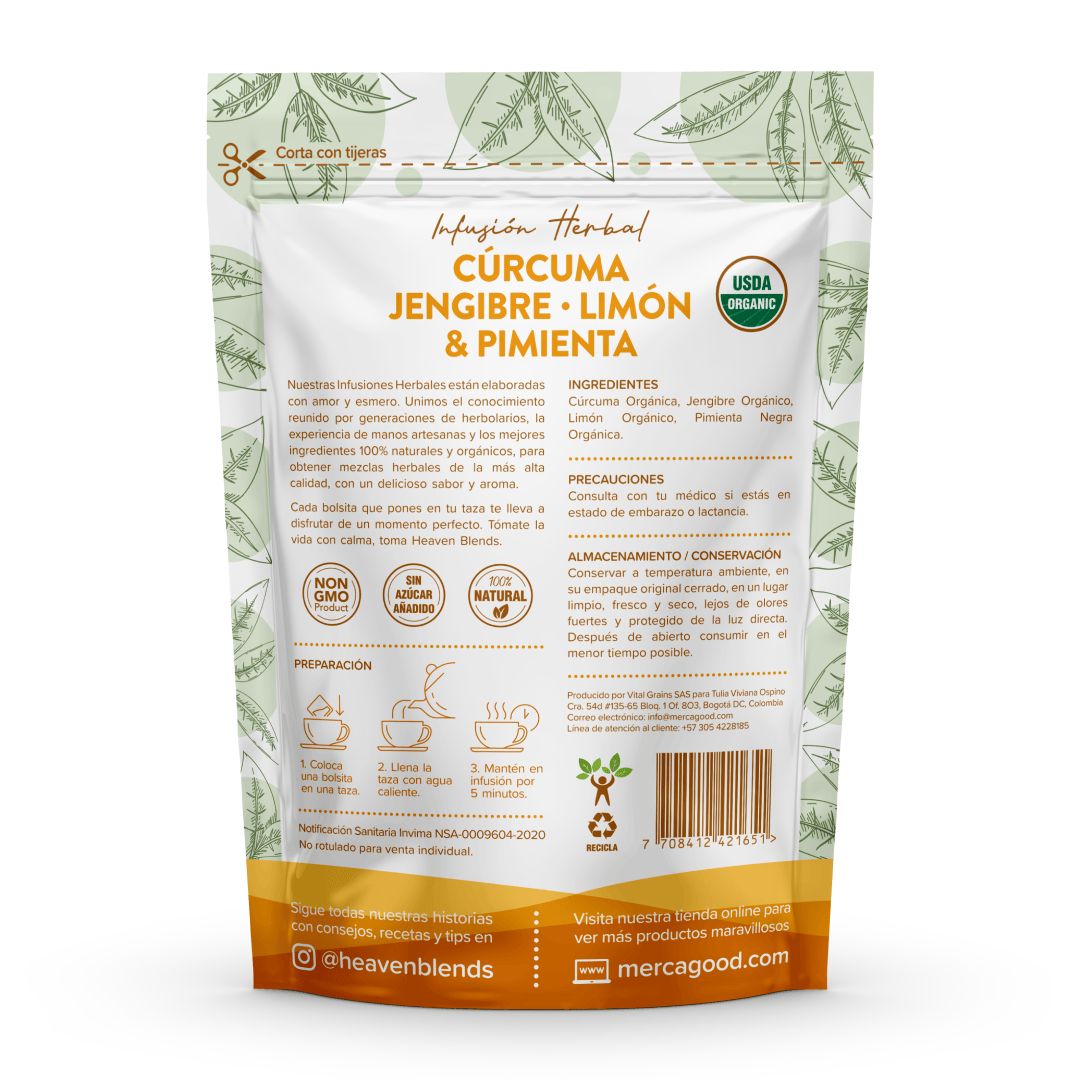 Heaven Blends Infusion Organica de Curcuma, Jengibre, Limón & Pimienta (30 und)