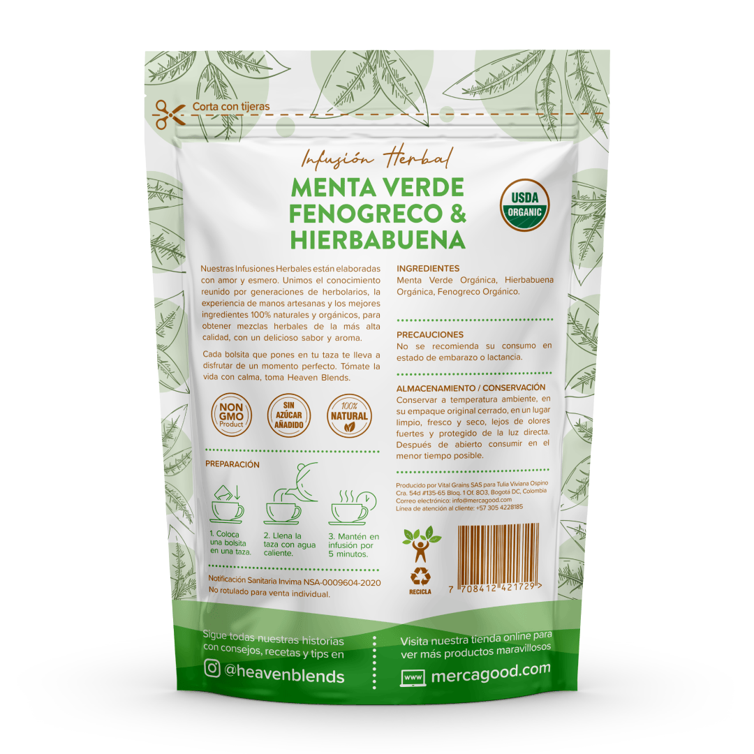 Heaven Blends Infusion Organica de Menta Verde, Fenogreco & Hierbabuena (30 und)
