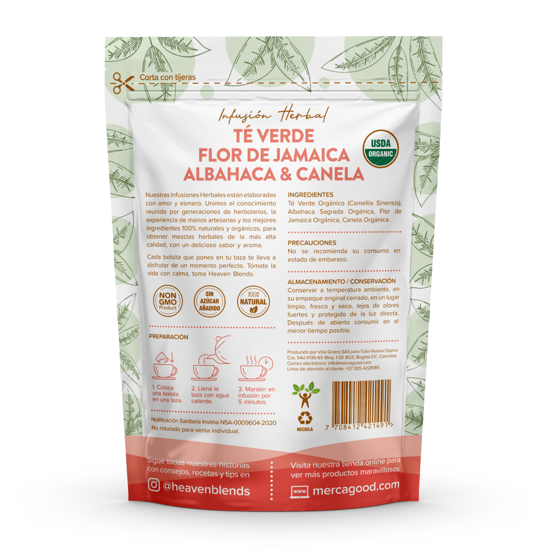 Heaven Blends - Organic Infusion of Green Tea, Jamaica Flower, Basil & Cinnamon (30 units)