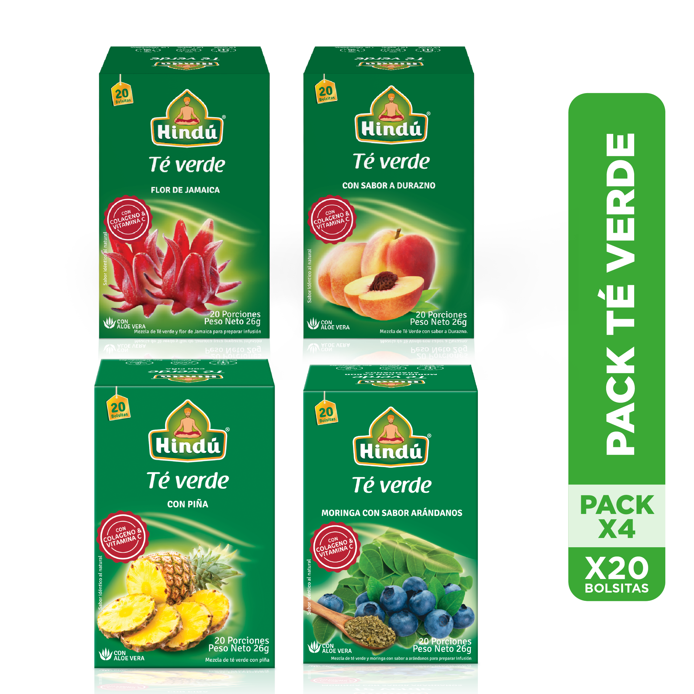 HINDU PACK GREEN TEA x4 boxes (hibiscus flower, peach, pineapple and blueberries)