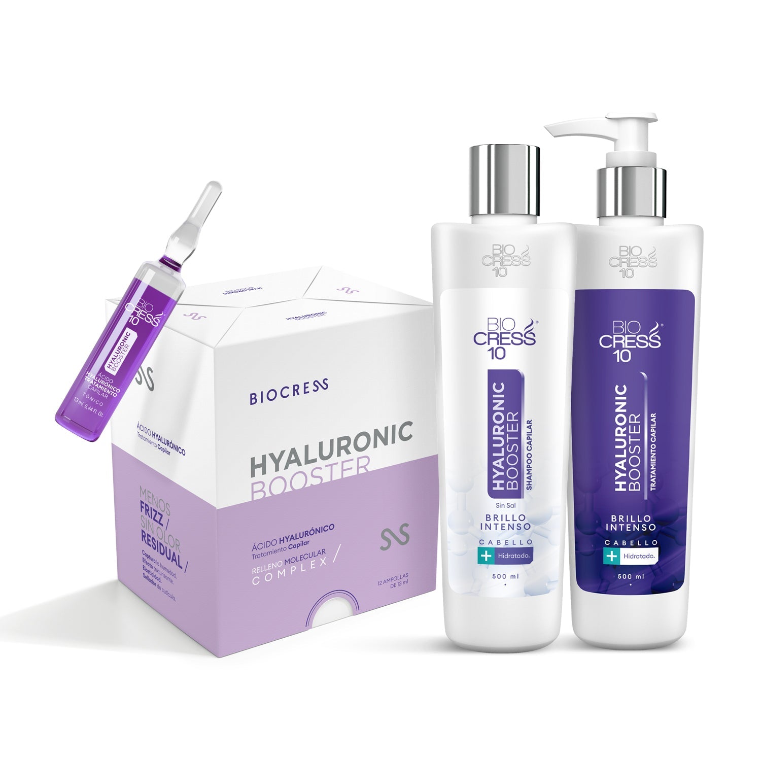 Biocress 10 Kit Hyaluronic Booster: shampoo, tratamiento y caja de ampolla.