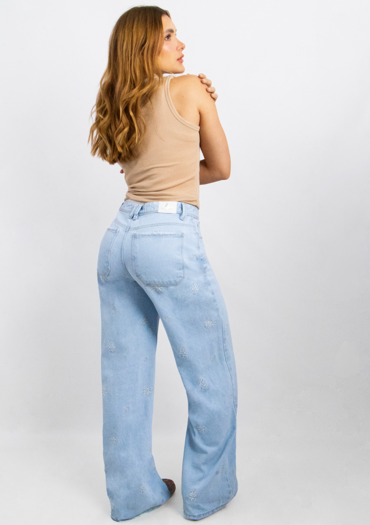 Joy Staz Colombian Jeans Wide Leg Tiro Alto Celeste Holgado con Estampado Laser 716006 Jeans Colombianos