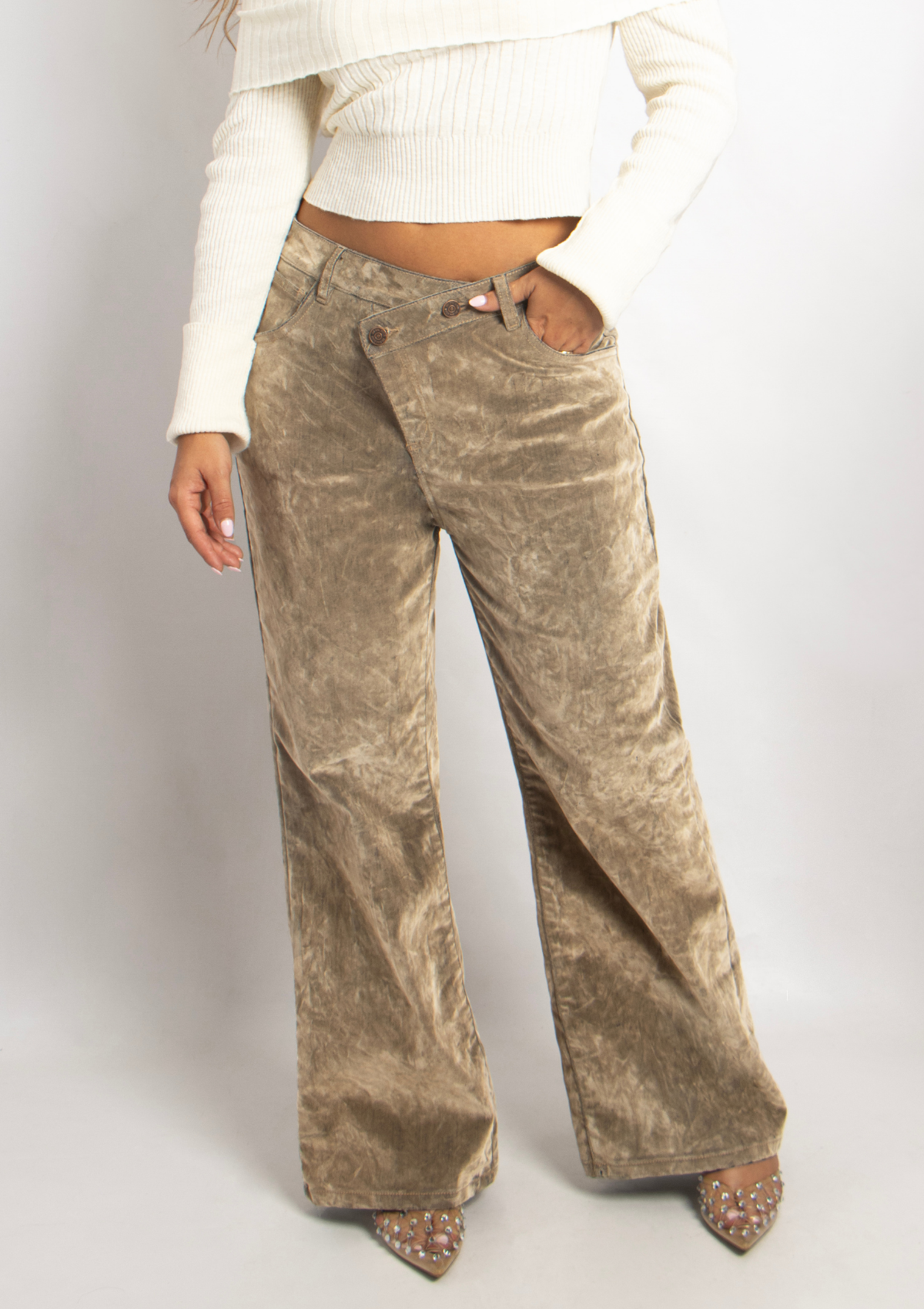 Joy Staz Colombian Jeans Wide Leg Velvet Terciopelo con Pretina Asimetrica 716005 Jeans Colombianos