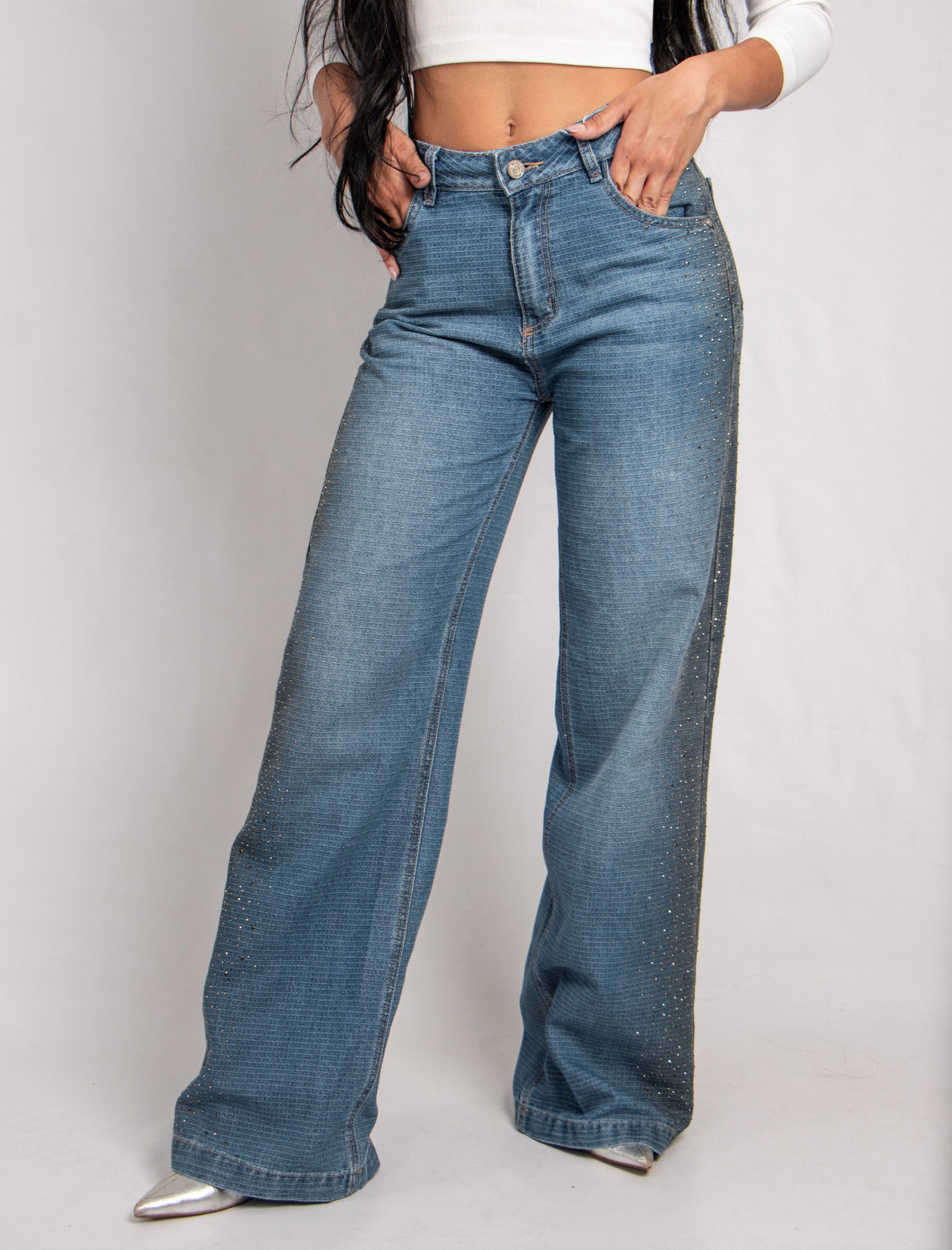 Joy Staz Colombian Jeans Wide Leg Pierna Ancha Elegante con Pedreria Ref. 715068 Jeans Colombianos