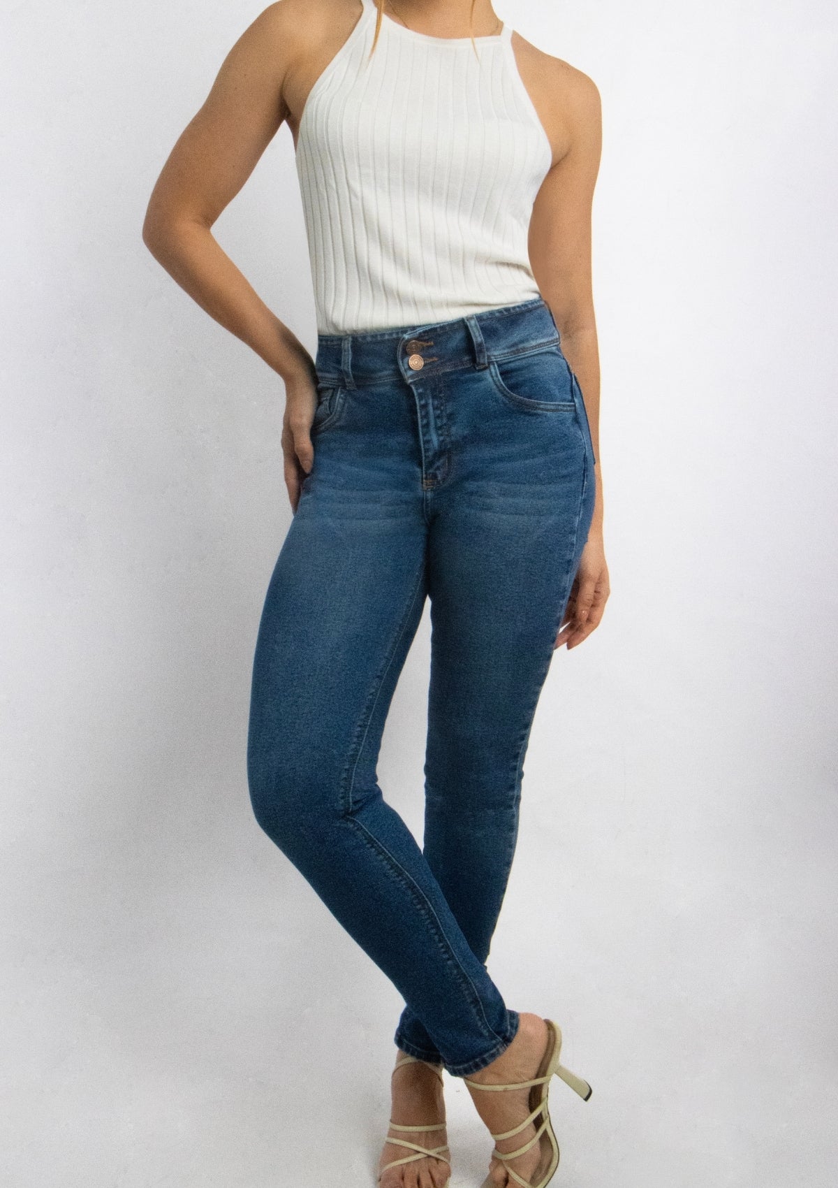 Joy Staz Colombian Jeans Skinny Azul Oscuro Tiro Alto Con Dos Botones 116005 Jeans Colombianos