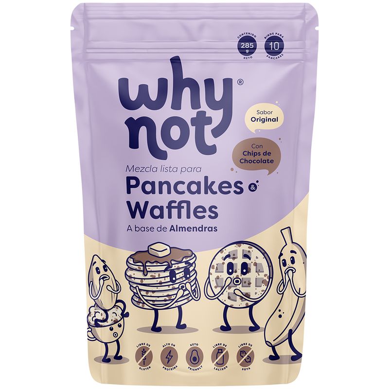 Mezcla de pancakes waffles base de almendra con chips de chocolate Why Not x285g (1 pack)