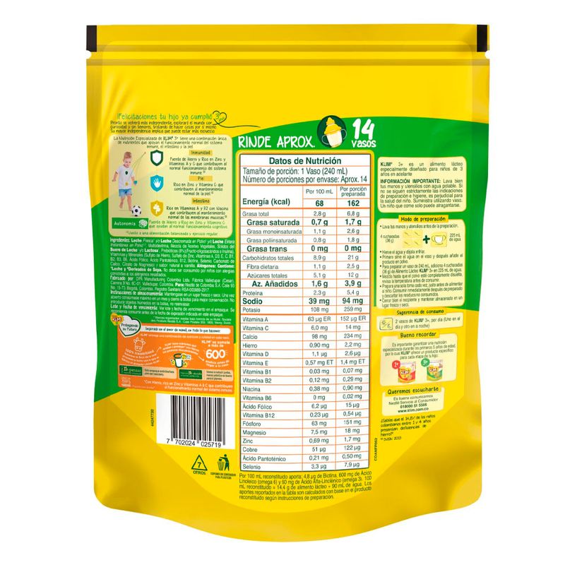 Klim en polvo 3+ DHA bolsa x500g