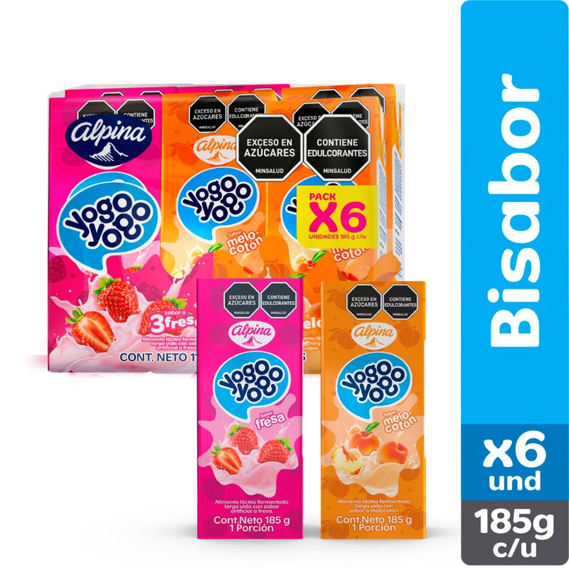 Yogo Yogo surtido caja x6und Melocoton y Fresa x185ml c/u