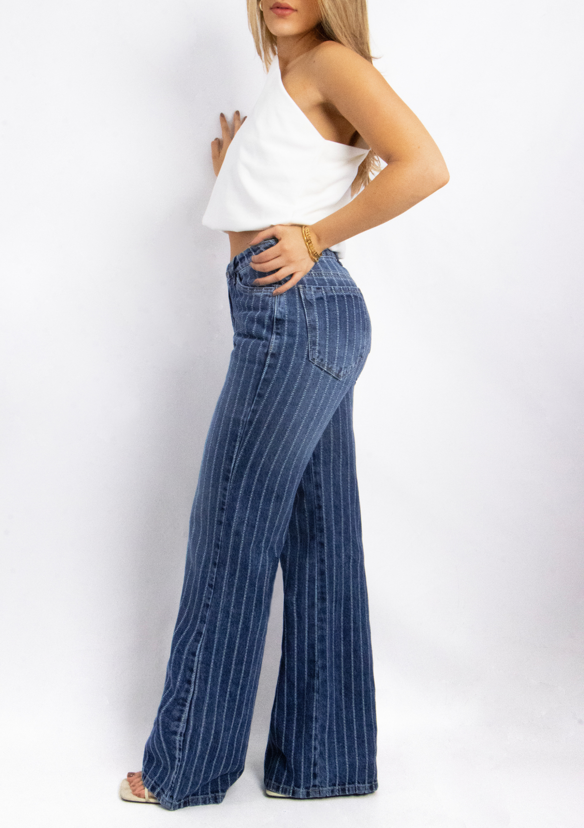Joy Staz Colombian Jeans Wide Leg Bota Ancha Tiro Alto Líneas Verticales 716003 Jeans Colombianos