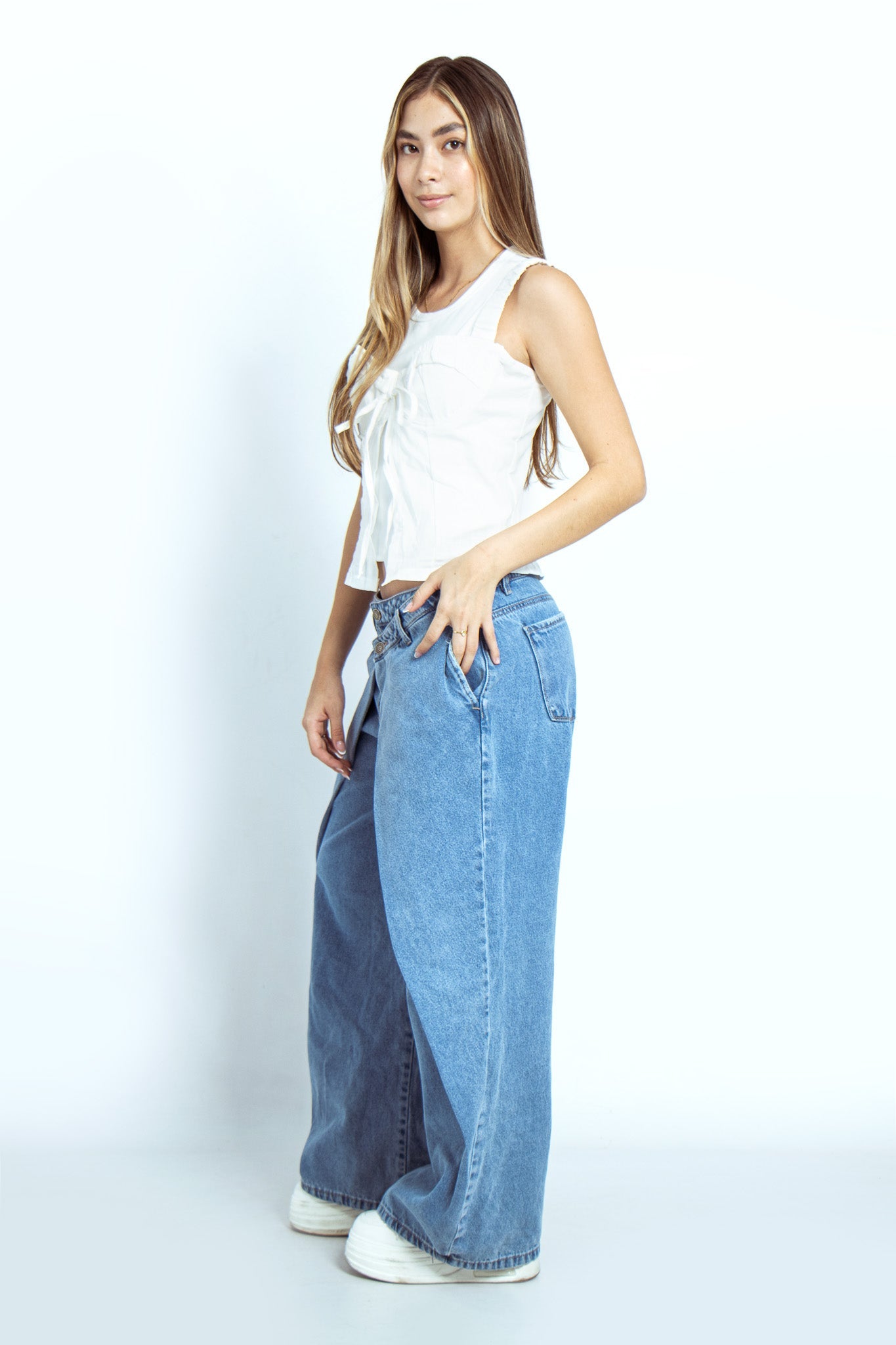 Joy Staz Colombian Jeans Pantalon Silueta Ballon con Pliegues Cruzados y Pretina Asimetrica 716013 Jeans Colombianos