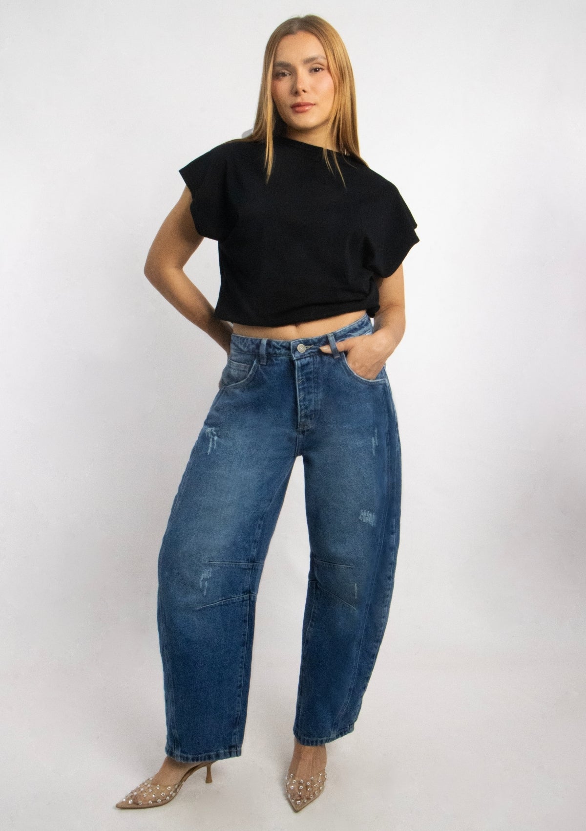 Joy Staz Colombian Jeans Barrel Jean Azul Medio con Desgastes Sutiles 716000 Jeans Colombianos