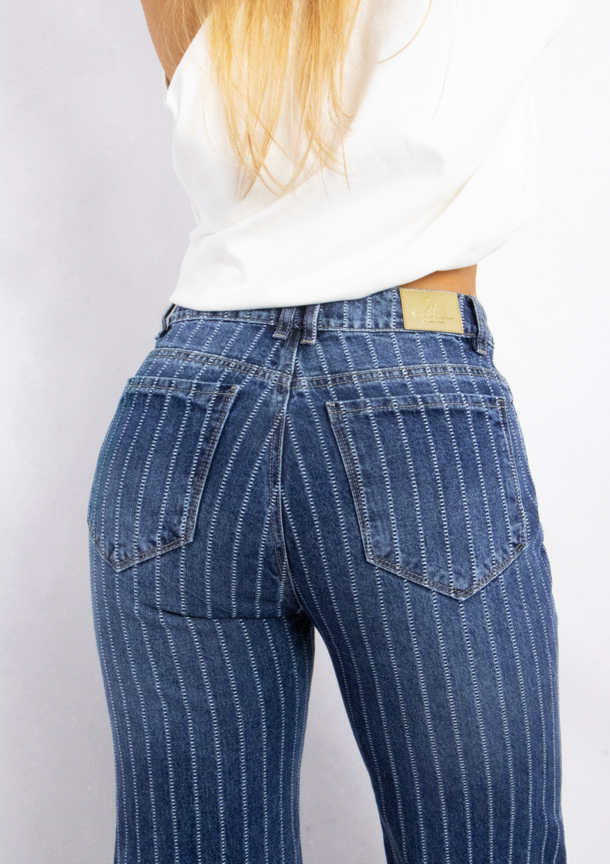 Joy Staz Colombian Jeans Wide Leg Bota Ancha Tiro Alto Líneas Verticales 716003 Jeans Colombianos