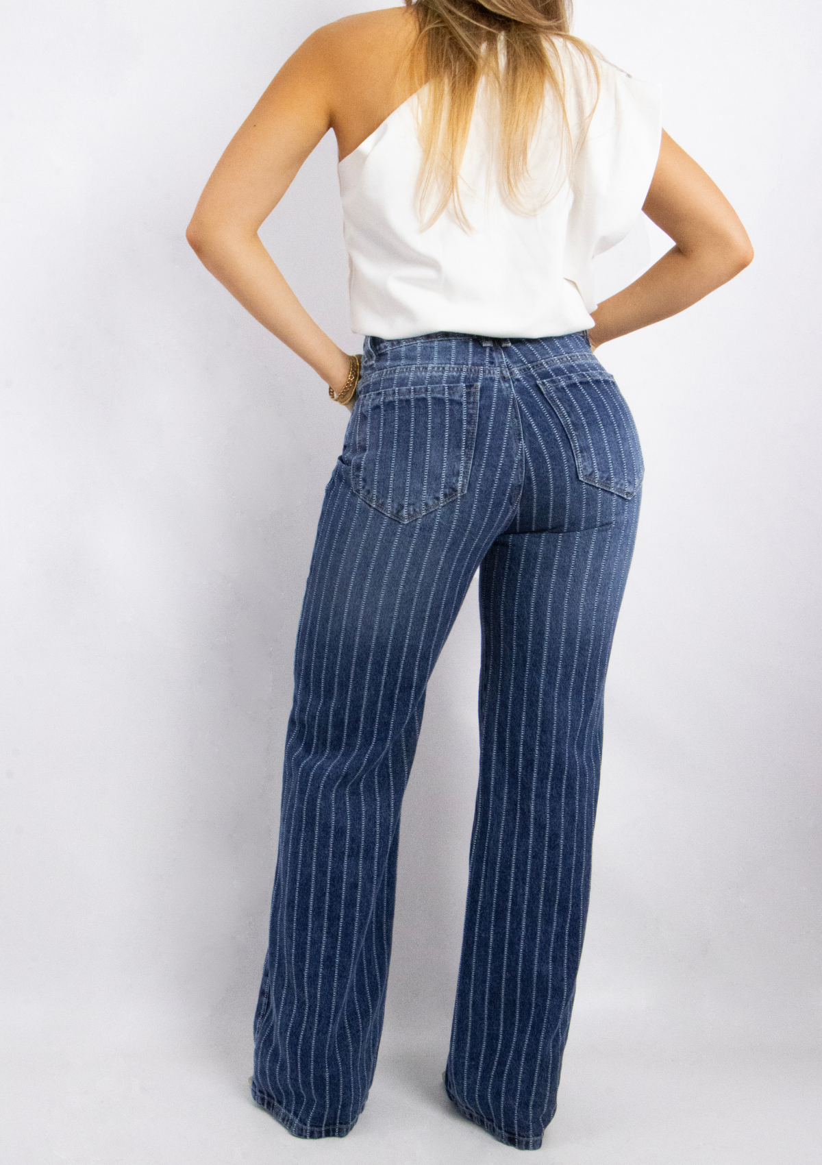 Joy Staz Colombian Jeans Wide Leg Bota Ancha Tiro Alto Líneas Verticales 716003 Jeans Colombianos