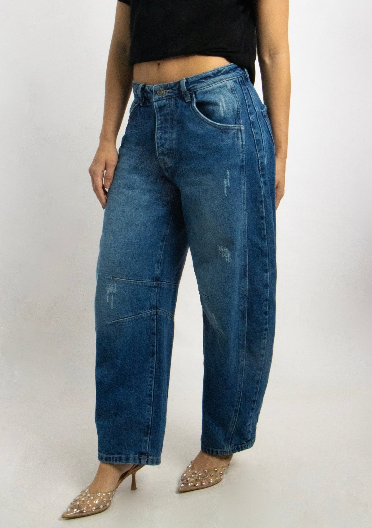 Joy Staz Colombian Jeans Barrel Jean Azul Medio con Desgastes Sutiles 716000 Jeans Colombianos