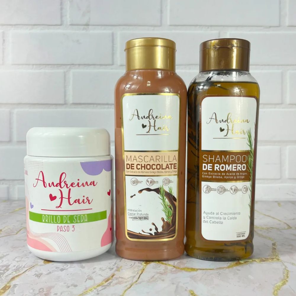 Andreina Hair Shampoo Rosemary, Chocolate Mask and Silk Shine Kit to accelerate growth (3 Pack)
