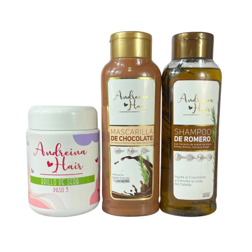 Andreina Hair Shampoo Rosemary, Chocolate Mask and Silk Shine Kit to accelerate growth (3 Pack)
