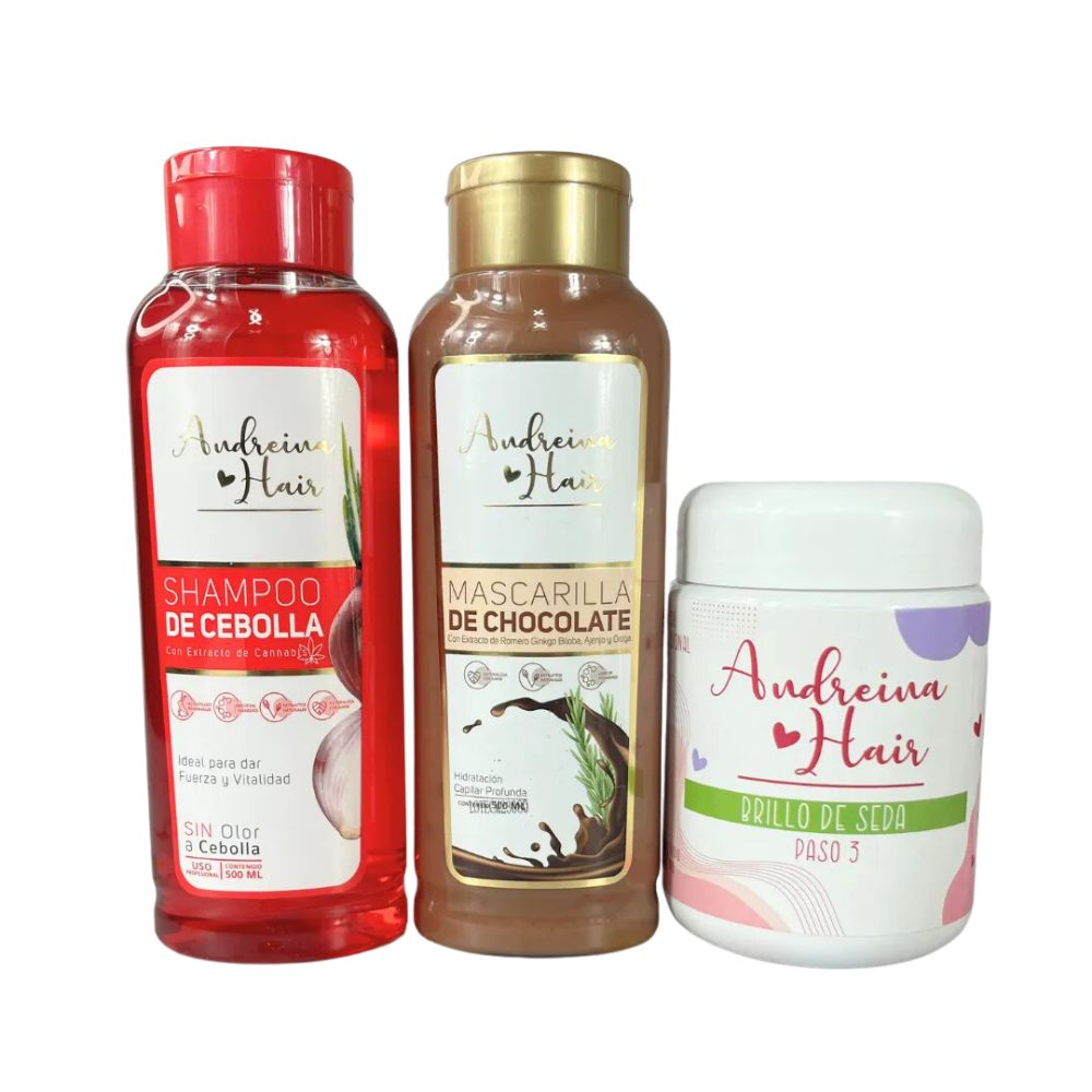 Andreina Hair Shampoo with Onion, Chocolate Mask and Silk Shine Kit for oily hair and dandruff (3 Pack) 