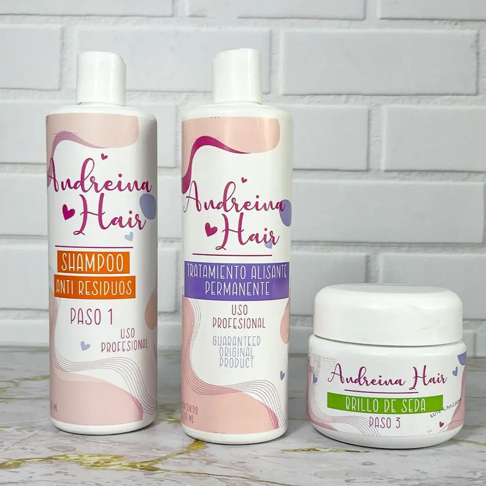 Andreina Hair Organic Keratin, Anti-Residue Shampoo 500mL, Organic Keratin 500mL and Sealing Silk Shine 250mL (3 Pack)