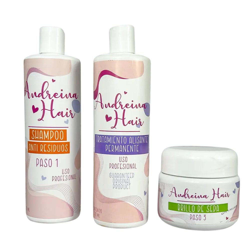 Andreina Hair Organic Keratin, Anti-Residue Shampoo 500mL, Organic Keratin 500mL and Sealing Silk Shine 250mL (3 Pack)