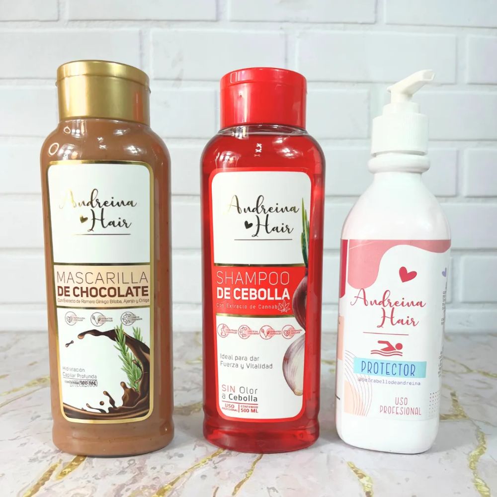 Andreina Hair Shampoo de Cebolla, Mascarilla de Chocolate y Protector Kit Vacacional (3 Pack)