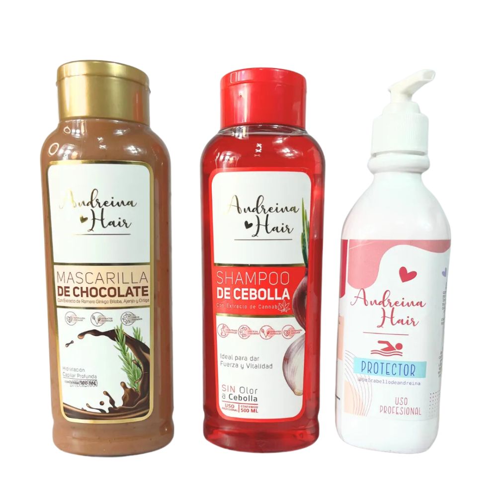 Andreina Hair Shampoo de Cebolla, Mascarilla de Chocolate y Protector Kit Vacacional (3 Pack)