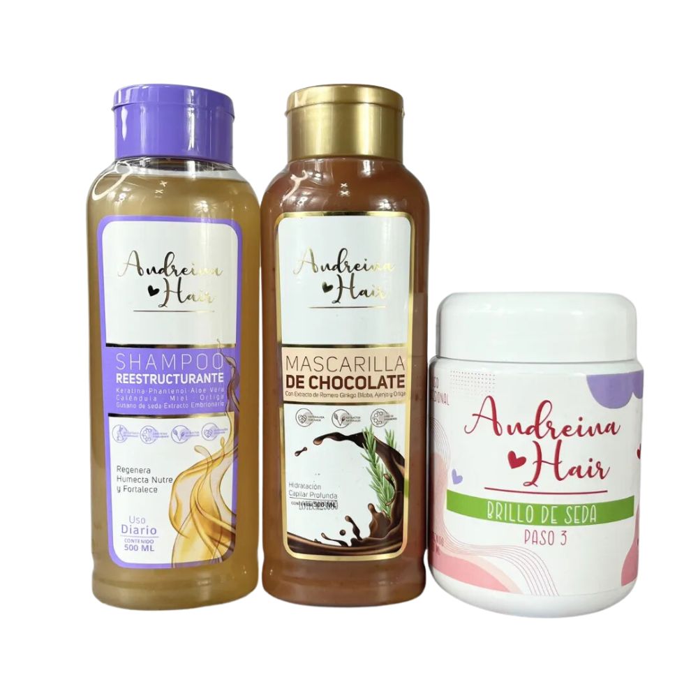 Andreina Hair Restructuring Shampoo, Chocolate Mask and Silk Shine Kit for dry and damaged hair (3 Pack)