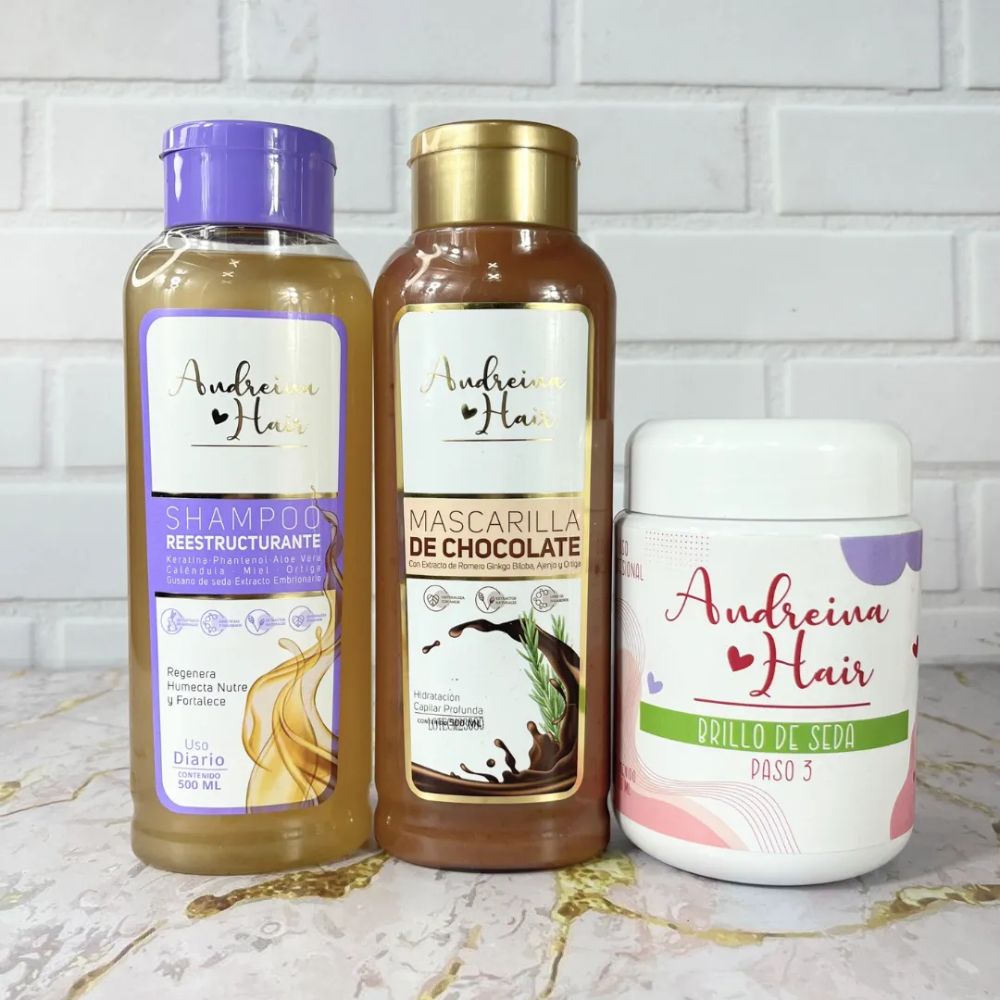 Andreina Hair Restructuring Shampoo, Chocolate Mask and Silk Shine Kit for dry and damaged hair (3 Pack)