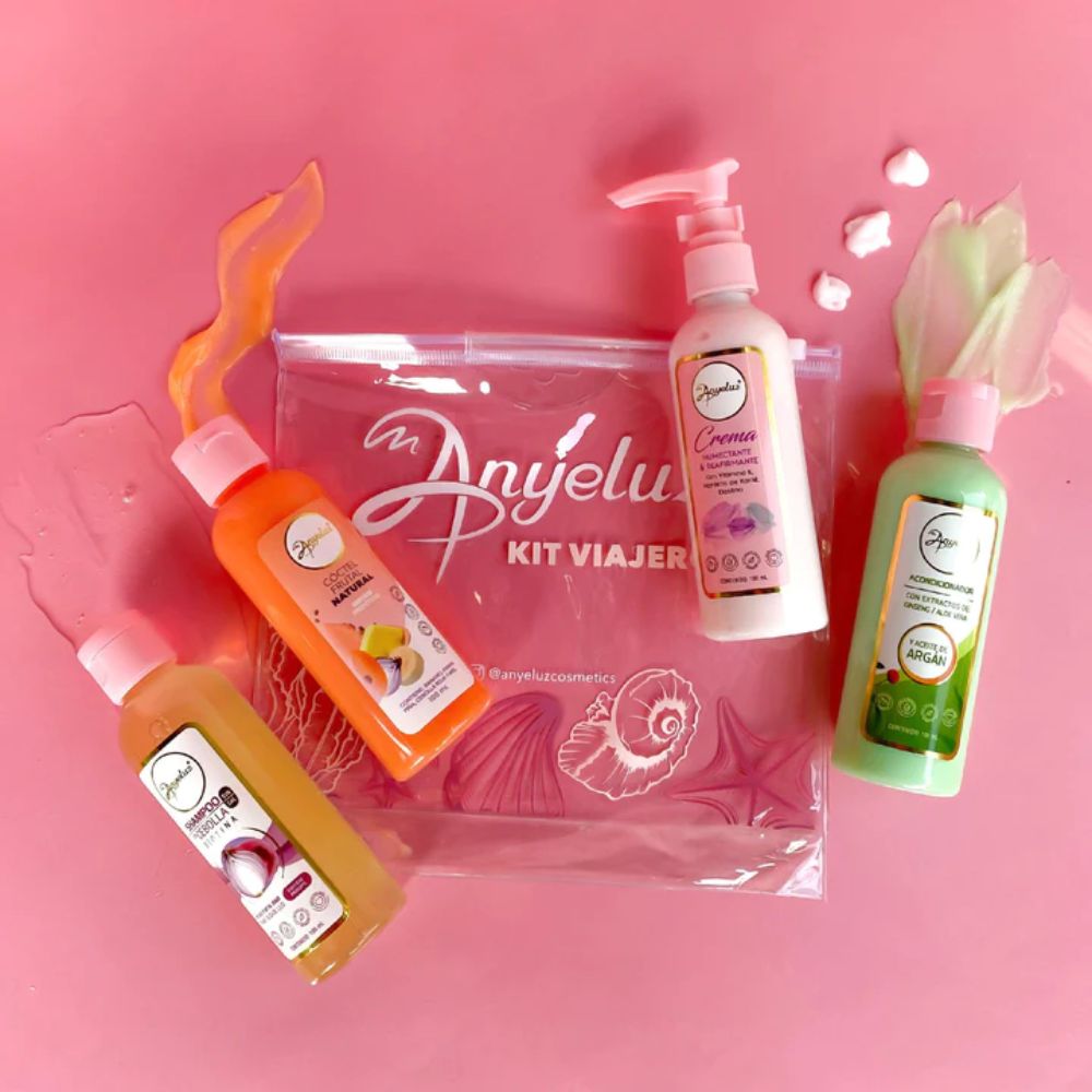 Anyeluz Kit Viajero X4 Crema Humectante, Acondicionador Argan, Coctel de Frutas y Shampoo de Cebolla 100mL