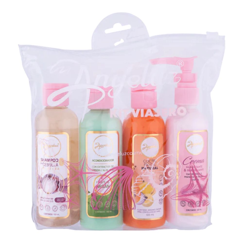 Anyeluz Kit Viajero X4 Crema Humectante, Acondicionador Argan, Coctel de Frutas y Shampoo de Cebolla 100mL