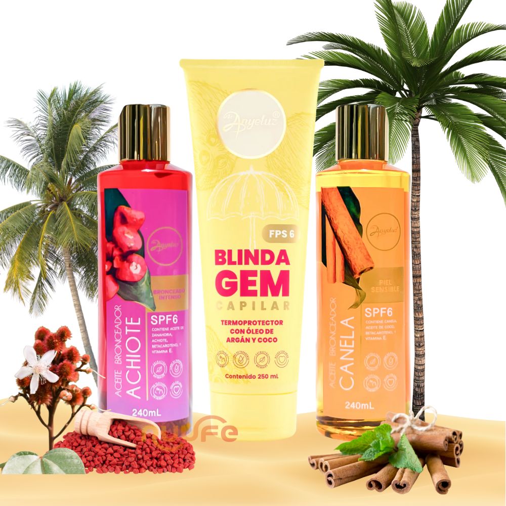 Anyeluz Aceite bronceador Achiote, Anyeluz Aceite bronceador Canela y Anyeluz termoprotector con oleo de argan (3 pack)