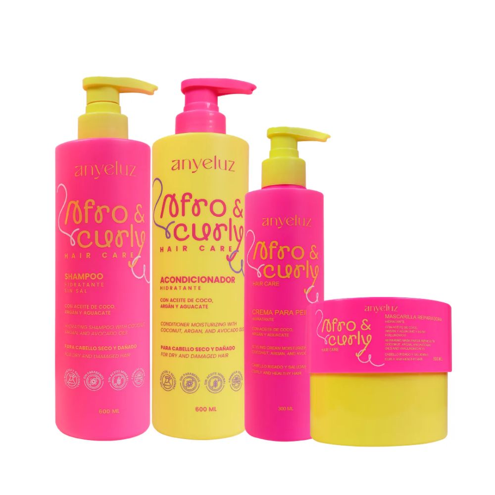 ANYELUZ KIT AFRO & CURLY - Shampoo, Acondicionador, Crema para peinar y Mascarilla capilar (4 pack)