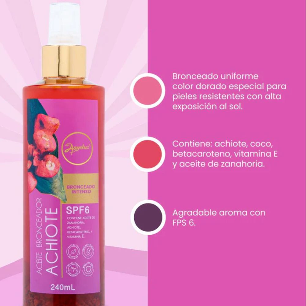 Anyeluz Aceite bronceador Achiote, Anyeluz Aceite bronceador Canela y Anyeluz termoprotector con oleo de argan (3 pack)