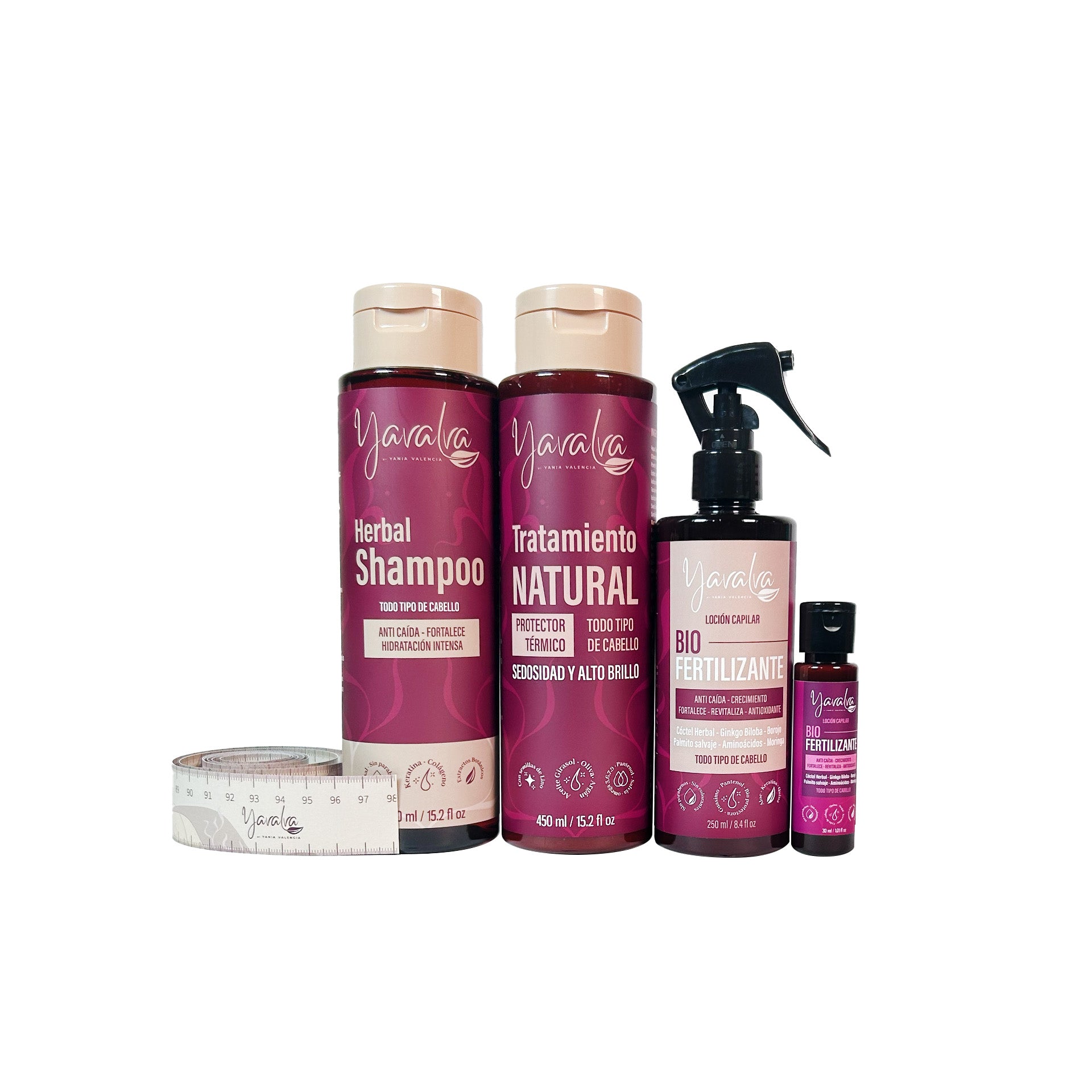 Yavalva Tratamiento Natural x450ml y Yavalva Shampoo Herbal x450ml, Yavalva Bio Fertilizante x 250ml + Metro - Yavalva Kit 3×3 Básico para Todo Tipo de Cabello (4 Pack)