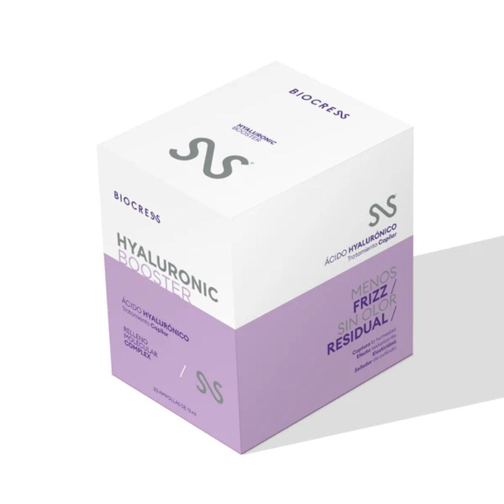 Biocress 10 Kit Hyaluronic Booster: shampoo, treatment and ampoule box.