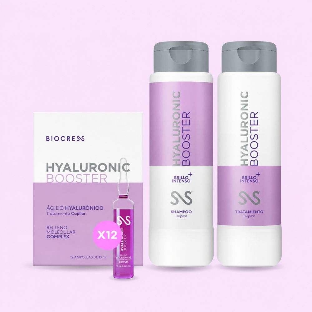 Biocress 10 Kit Hyaluronic Booster: shampoo, treatment and ampoule box.
