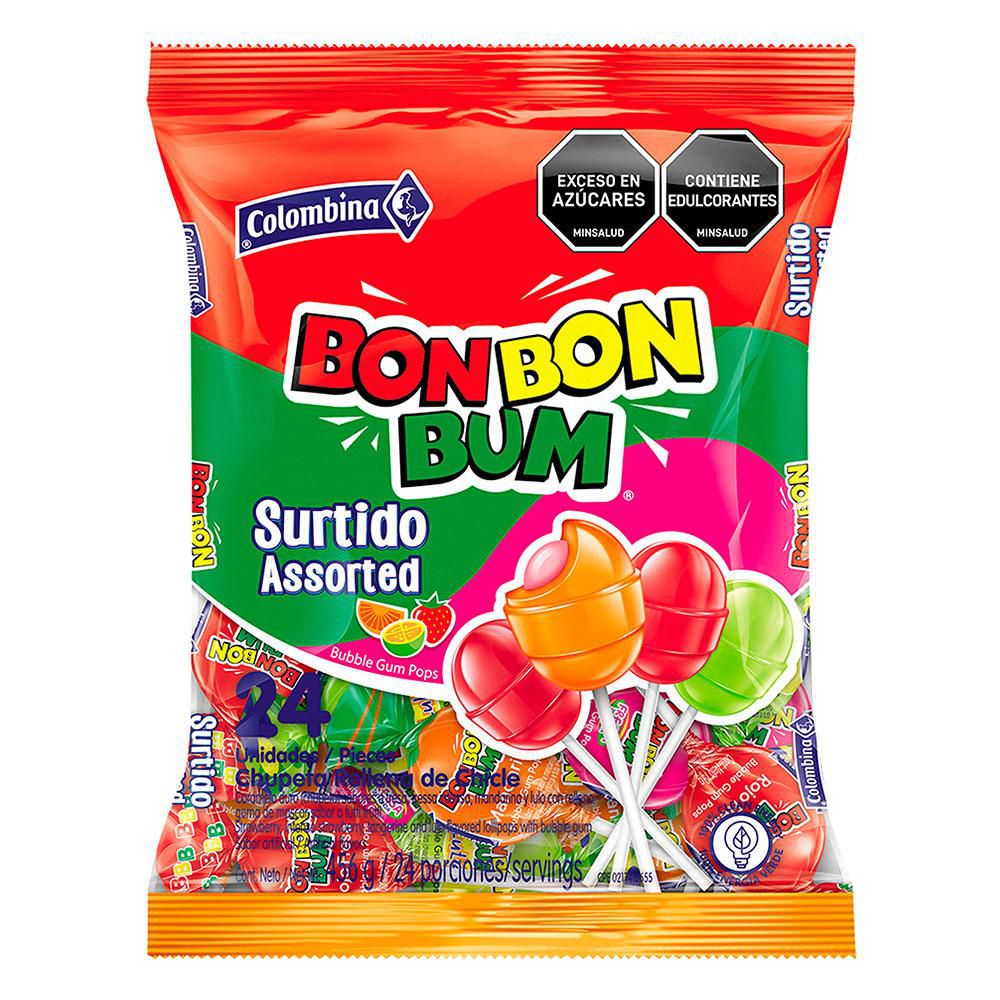 BON BON BUM Chupetas surtidas con chicle x24 unids (456 gr)