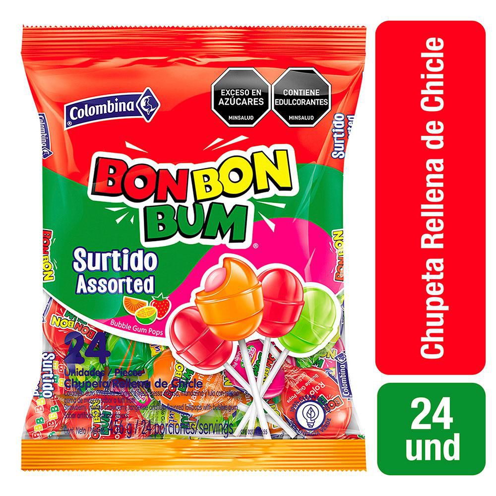BON BON BUM Chupetas surtidas con chicle x24 unids (456 gr)