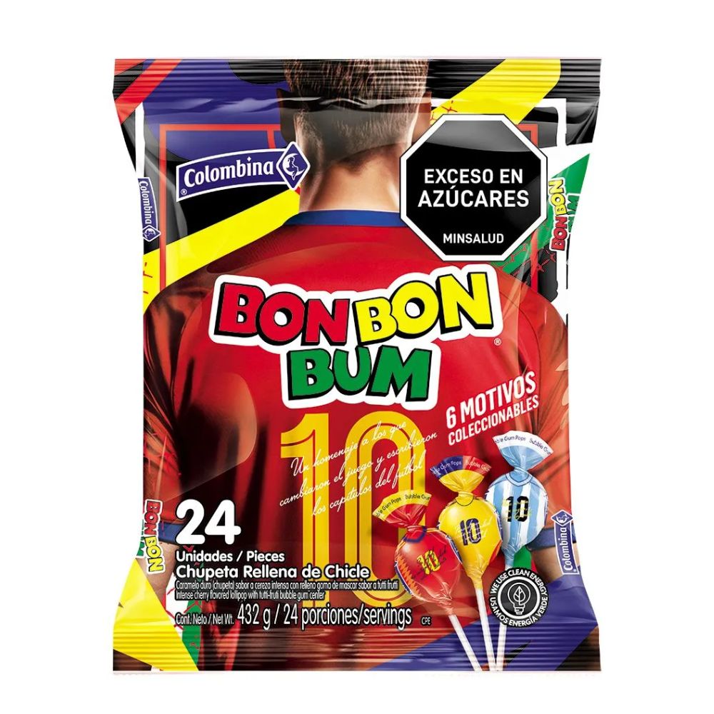 BON BON BUM Chupeta del Mundial Sabor Cereza Intensa Con Relleno x 24Unid (432 gr)