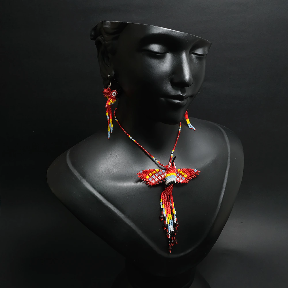 Juego Premium Colibri Sagrado en Mostacilla Collar y Aretes Artesanales Hecho a Mano C2-01