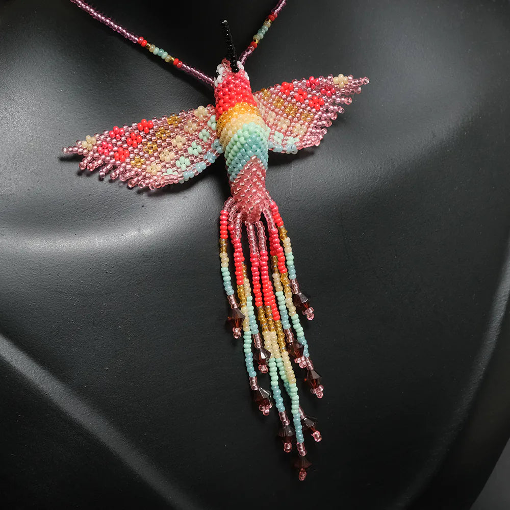 Juego Premium Colibri Aurora Multicolor en Mostacilla Collar y Aretes Artesanales Hecho a Mano C2-03