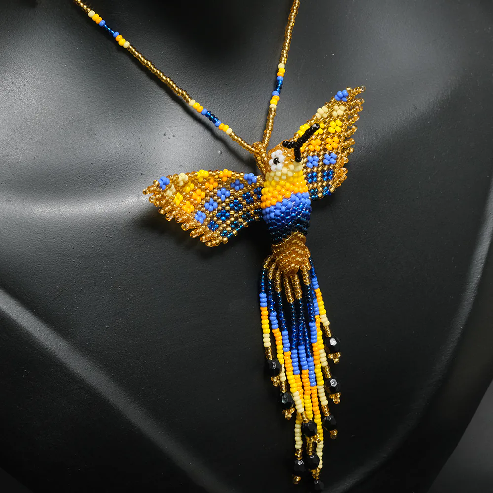 Juego Premium Colibri Royal Azul y Dorado en Mostacilla Collar y Aretes Artesanales Hecho a Mano C2-04