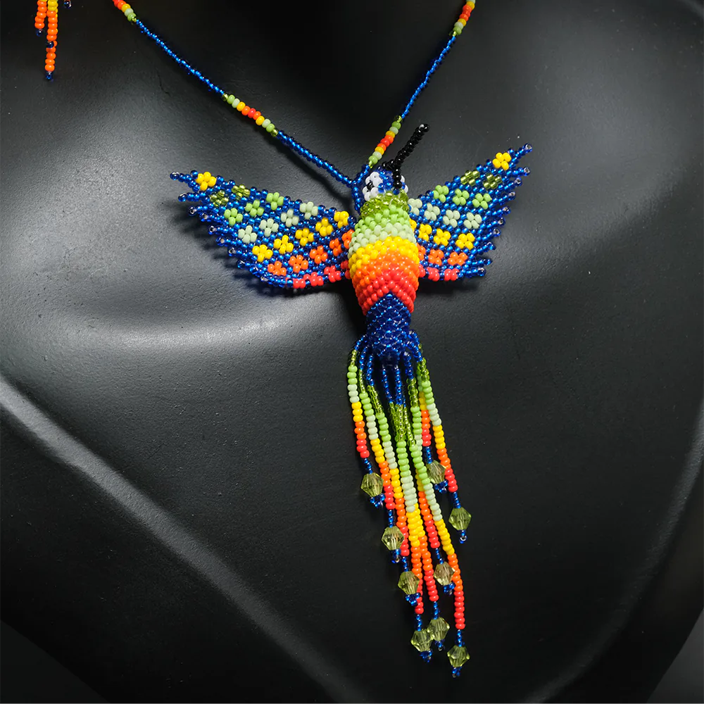 Juego Premium Colibri Prisma Multicolor Collar y Aretes Artesanales en Mostacilla Hecho a Mano C2-05