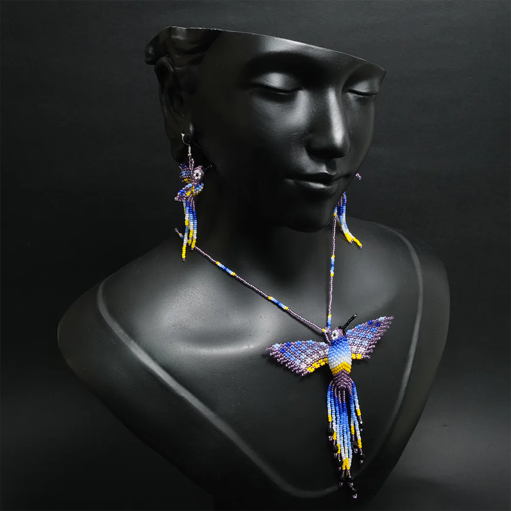 Juego Premium Colibri Aurora Azul Collar y Aretes Artesanales en Mostacilla Hecho a Mano C2-06
