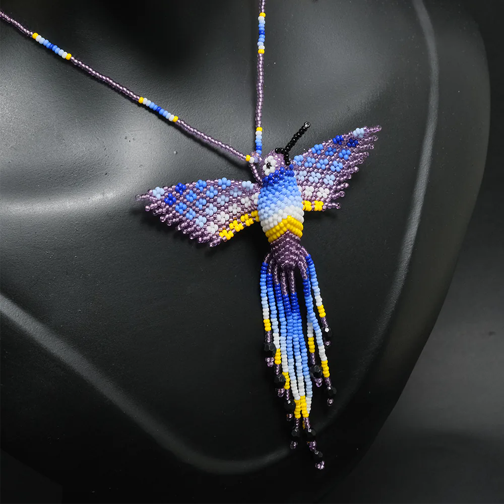 Juego Premium Colibri Aurora Azul Collar y Aretes Artesanales en Mostacilla Hecho a Mano C2-06