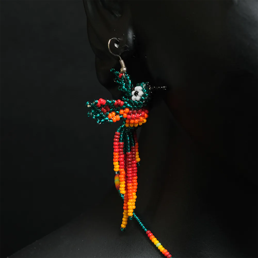Juego Exclusivo Colibri Tropical Esmeralda Collar y Aretes Largos en Mostacilla Artesanal Hecho a Mano C2-08