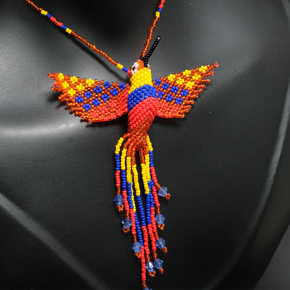 Juego Artesanal Colibri Fuego Collar y Aretes en Mostacilla Multicolor Hecho a Mano C2-09