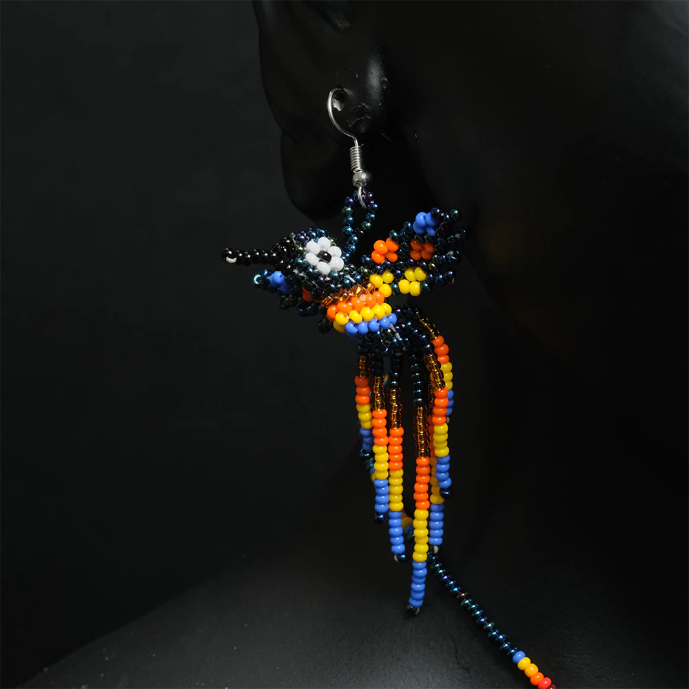 Juego Artesanal Colibri Alas Oscuras Collar y Aretes en Mostacilla C2-12