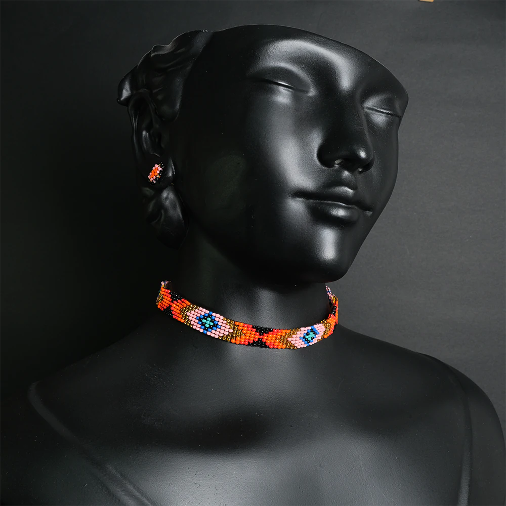 Juego Evil Eye Sunset de Gargantilla y Aretes en Mostacillas Multicolor C5-06