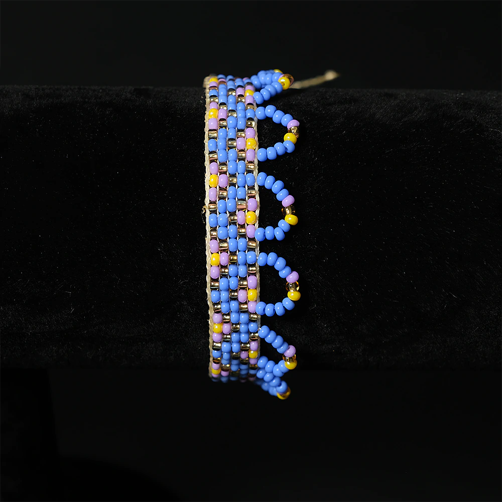 Pulsera artesanal de mostacillas Esplendor Azul azul dorado lila amarillo boho ajustable hecha a mano C7-06